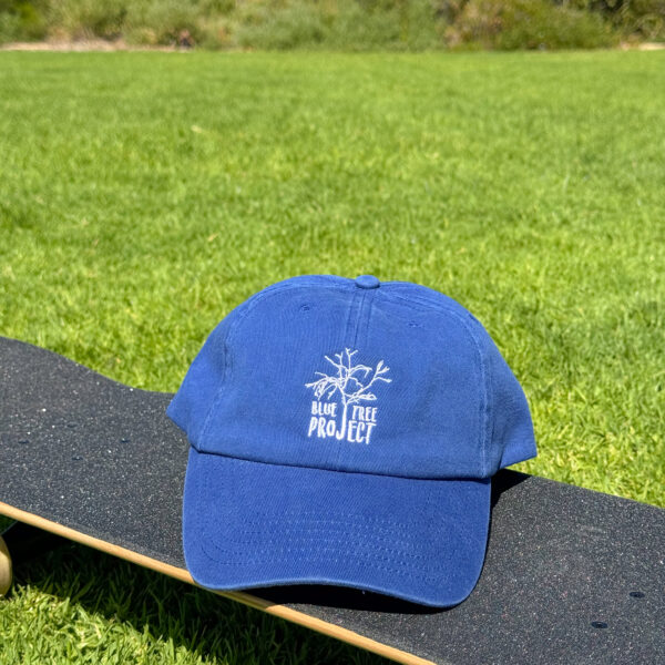 Blue cap featuring a white embroidered Blue Tree Project logo on the front, designed to support mental health awareness through everyday wear.