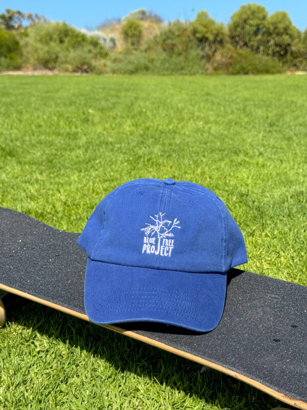 Blue cap featuring a white embroidered Blue Tree Project logo on the front, designed to support mental health awareness through everyday wear.