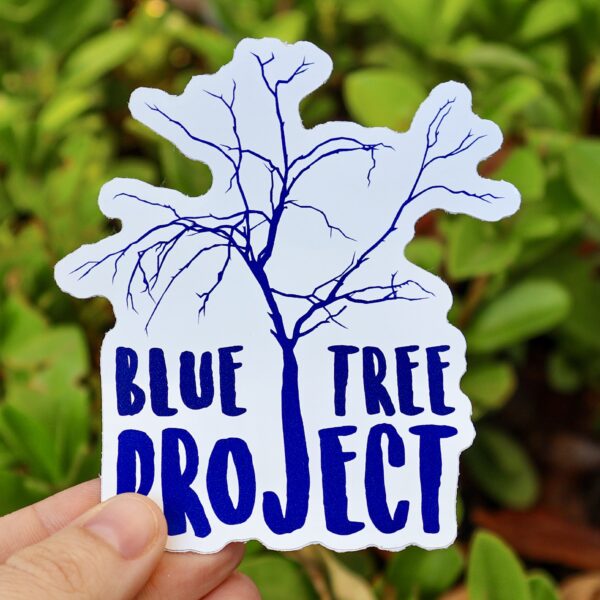 Blue Tree Project logo sticker featuring a stylised blue tree with delicate, sparse branches, alongside bold, uppercase 'Blue Tree Project' text in a friendly, modern font. Printed on a white background, the sticker is available in a single size and offered in packs of 1, 5, 10, 20, 30, or 50.