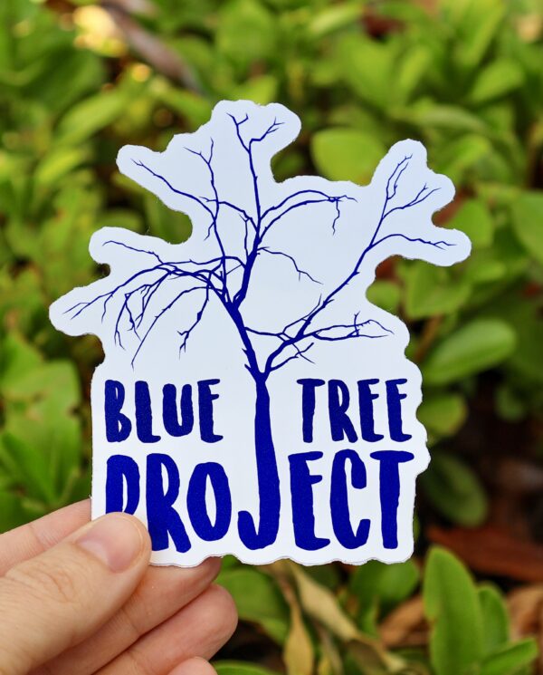 Blue Tree Project logo sticker featuring a stylised blue tree with delicate, sparse branches, alongside bold, uppercase 'Blue Tree Project' text in a friendly, modern font. Printed on a white background, the sticker is available in a single size and offered in packs of 1, 5, 10, 20, 30, or 50.